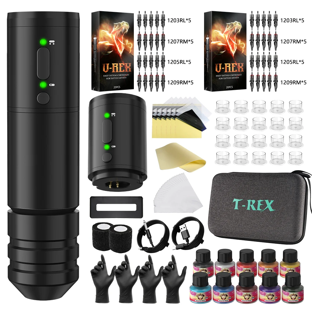 

Tattoo Gun Kit - T-Rex Wireless Tattoo Machine Kit with 40 Tattoo Box Needles, 2000mAh Power Supply and 10 Color Tattoo Ink