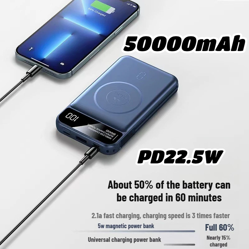 PD 22.5W Fast Charging 50000mAh High Capacity Portable Magnetic Wireless Charging Power Backup Battery for IPhone Samsung Xiaomi