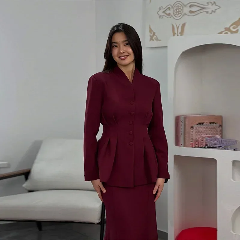 

Осенний женский костюм 2024, новый элегантный однобортный пиджак, комплект с длинной юбкой, женское однотонное пальто с воротником-стойкой, облегающие юбки на бедрах