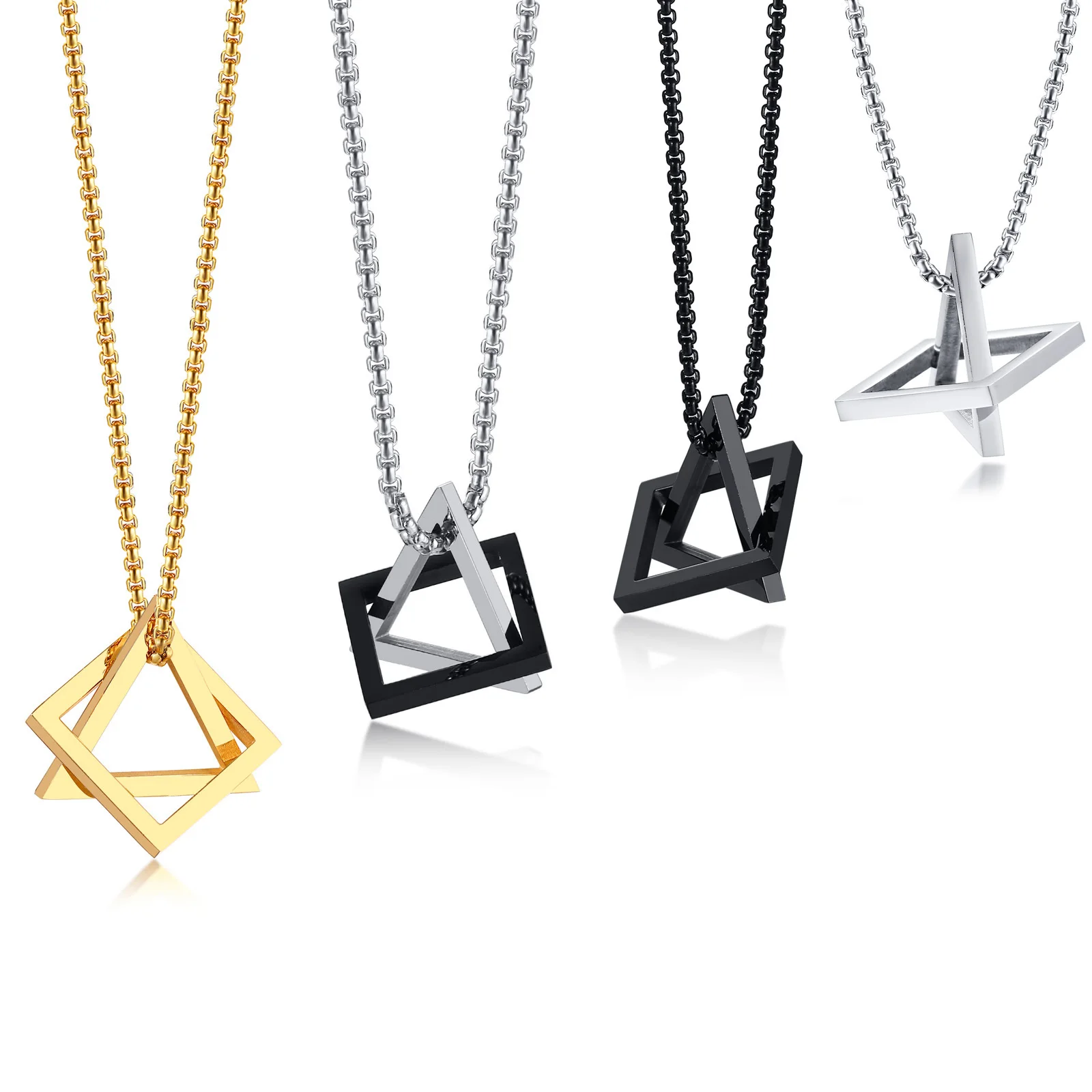 Popular Men Necklace,Interlocking Square Triangle Stainless Steel Pendant Necklaces,Trendy Geometric Detachable Pendant Gifts