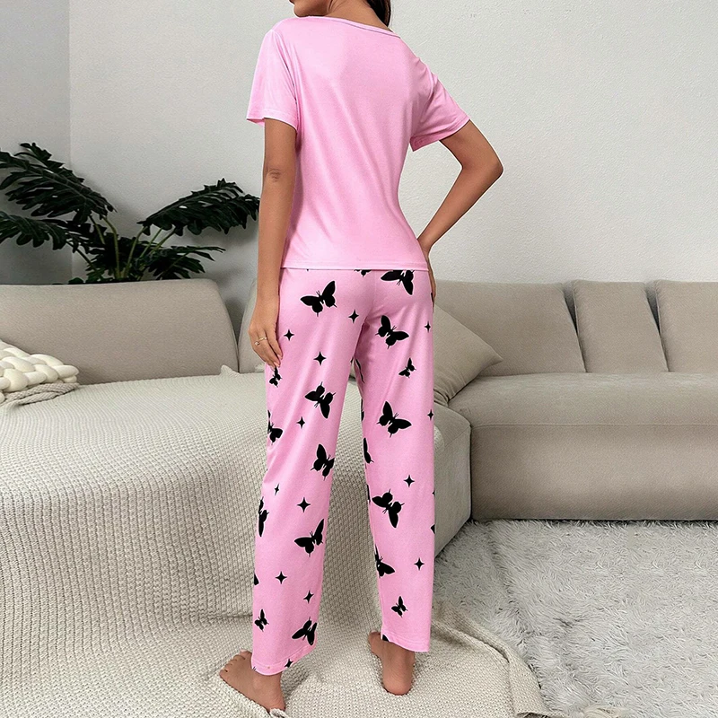 Women\'s Sleepwear Autumn Heart Print Pajama Set Short Sleeve Top & Elastic Waistband Pants Comfortable Relaxed Casual Clothes