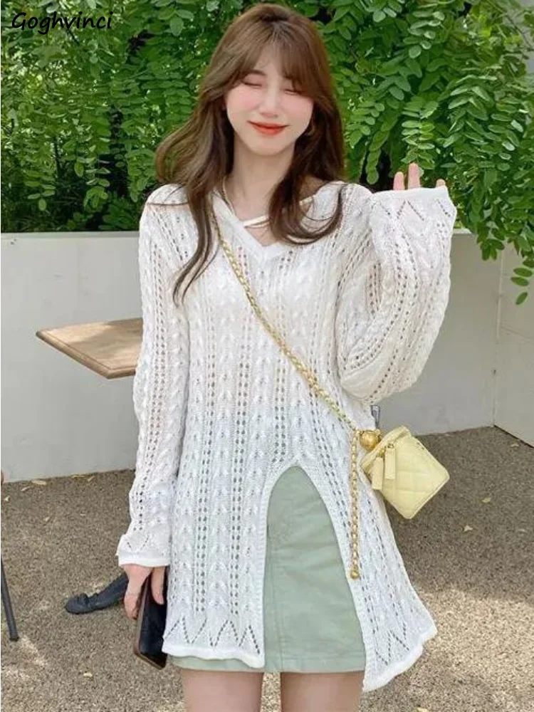 Hollow Out Pullovers Women S-5XL Side-slit Sweet Summer Sun-proof Korean Style Casual Fashion Ulzzang Chic Personality All-match