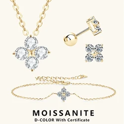 Lnngy 925 Sterling Silver Four Leaf Clover Pendant Necklace Bracelet 3mm 0.1ct Moissanite Stud Earring For Women Jewelry Set