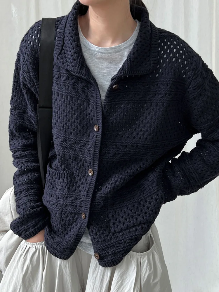 WHTREND 여성용 홀로 니트 가디건 2025 가을 신상품 턴다운 칼라 긴팔 스웨터 탑 WH1270