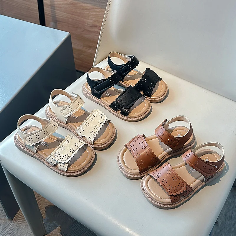 

Summer Girl's Sandals Open Toe Hook-loop Casual Kid's Flat Shoe Solid Colors Anti-slip Daily Versatile Chic Children Shoes 4-6Y