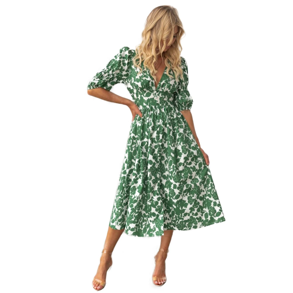 Flower Print Women Dresses   Summer 2022 Sexy  V-neck Pastoral Style Loose And Breathable Elbow Sleeve Skirt A Line Mini Dress