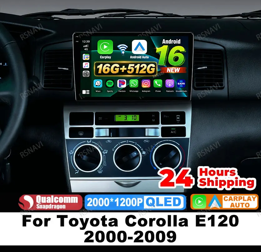 Radio para Auto Android 16 para Toyota Corolla E120 2000-2009 DSP Qualcomm QLED Carplay Inalámbrico Autoestéreo BT Navegación Multimedia