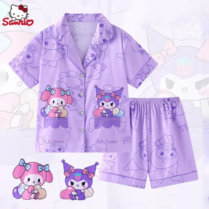 

Kawaii Sanrio Anime Short Sleeves and Shorts Cute Hello Kitty My Melody Kuromi Cartoon Soft Ice Shreds Pajama Set Gift for Girl