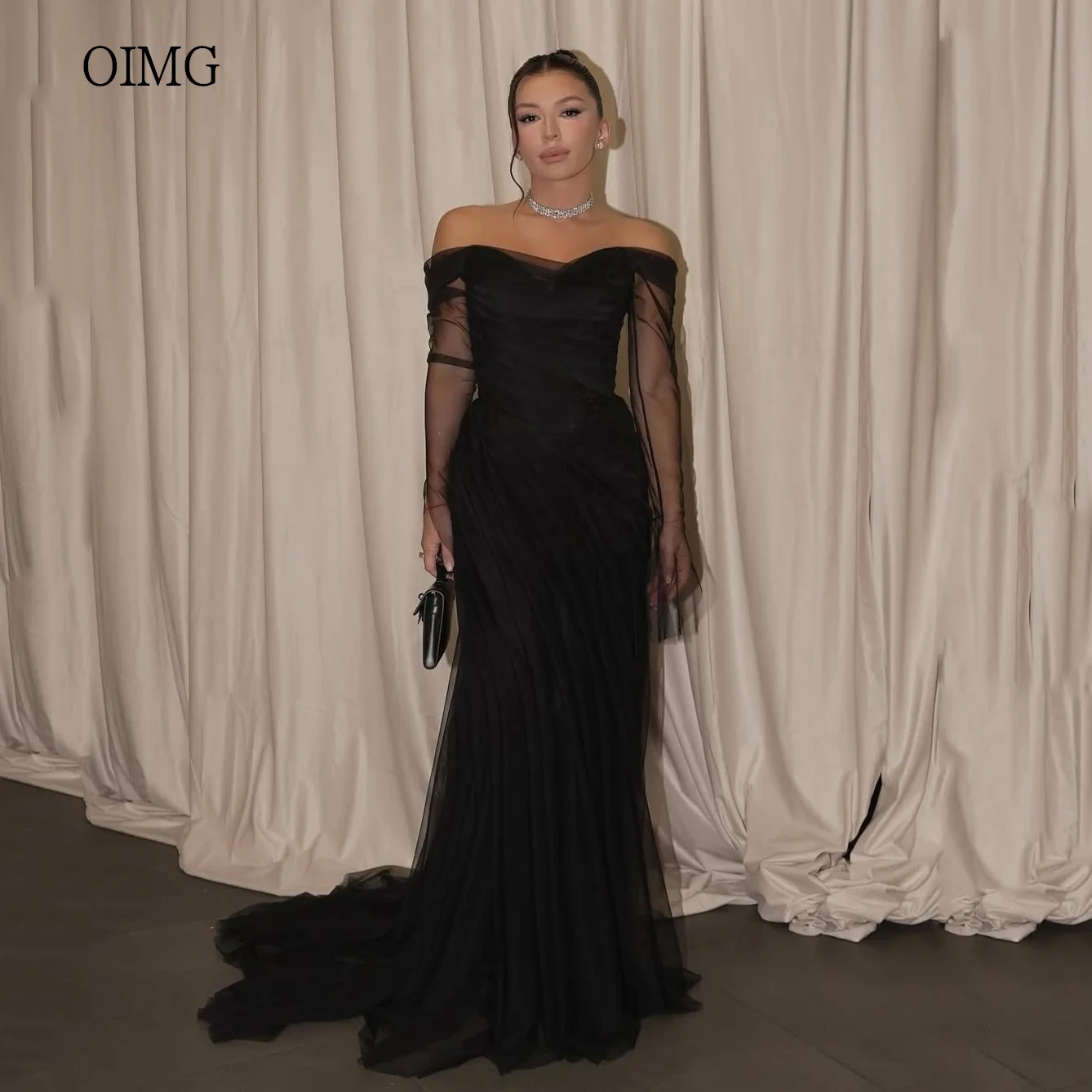 

OIMG Regal Black Mermaid Prom Gowns Off The Shoulder Party Gown Floor Length Evening Dress vestidos de festa Customized