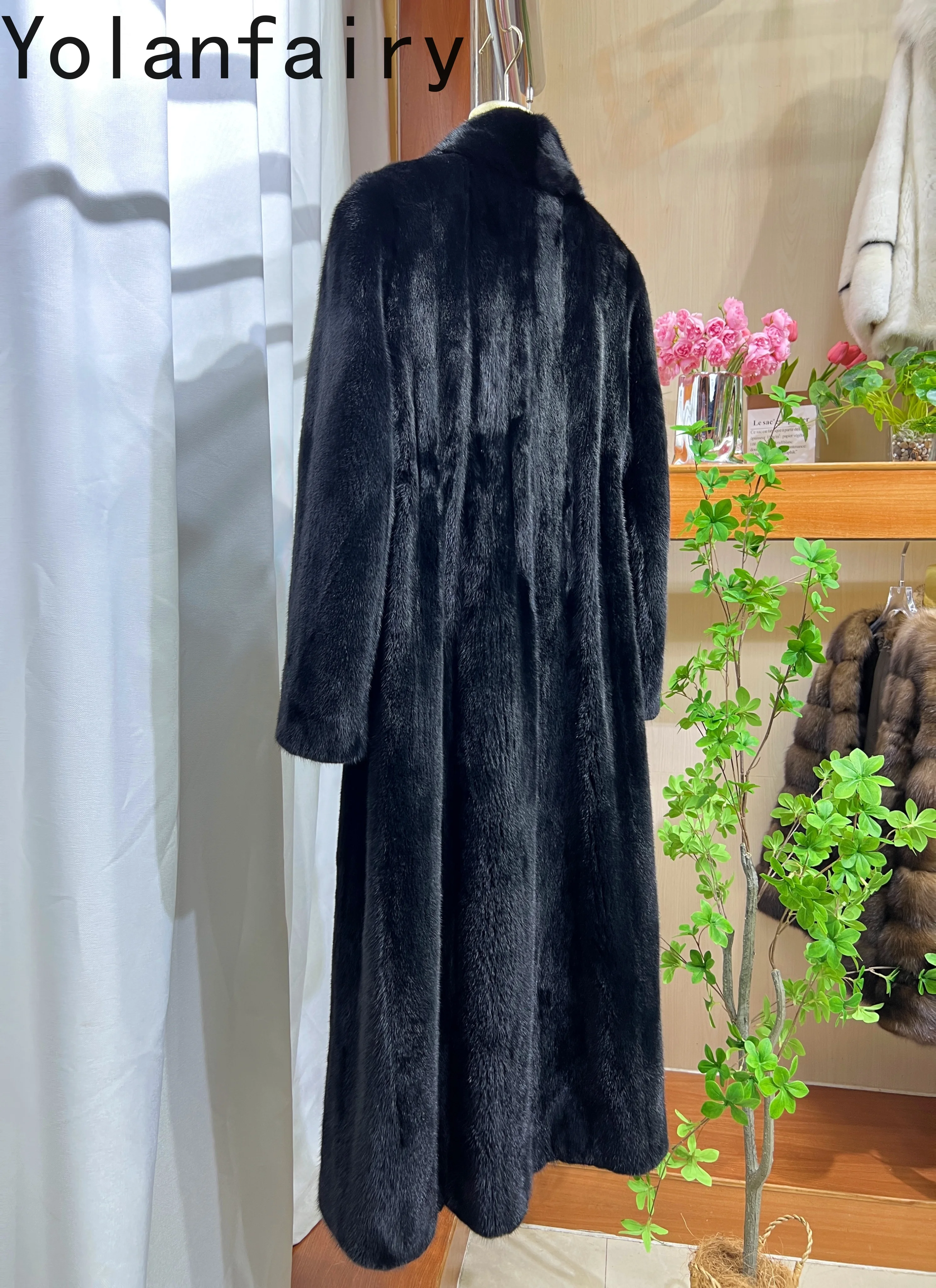 YOLANFAIRY Real Mink Fur Coat Woman Luxury 2025 Winter V-neck Natural Whole Mink Fur Jacket Long Black Fur Coats Outerwears