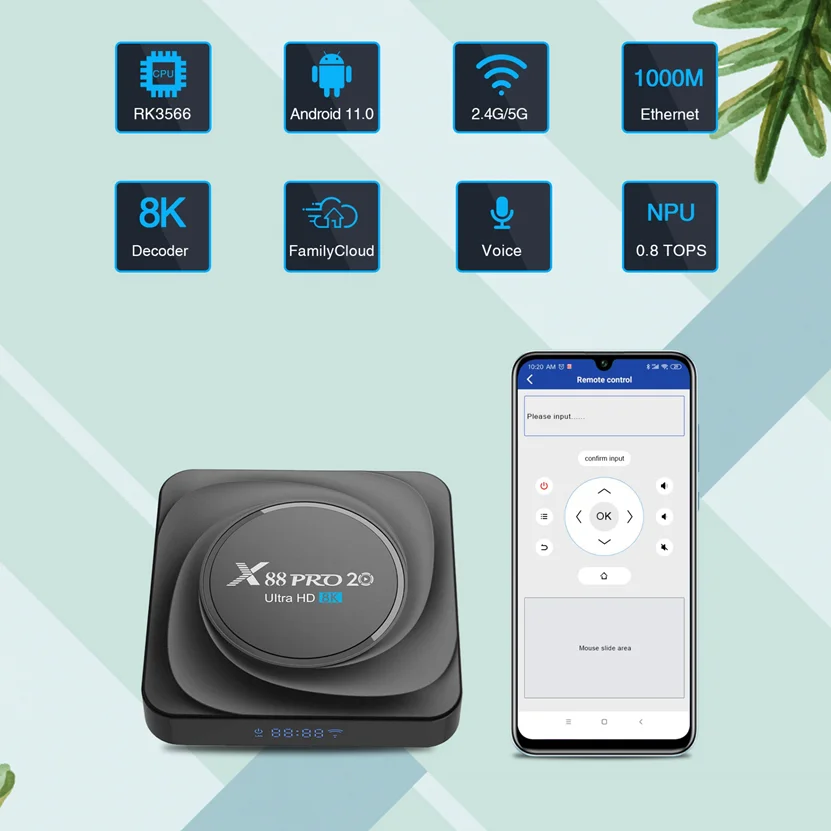 Smart TV Box X88 Pro 20 TV Box Android 11 Rockchip RK3566 8GB RAM 128GB ROM 8K 2.4G 5.8G WIFI Set Top Box