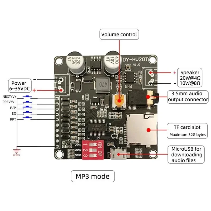 DY-HV20T 12V/24V power supply10W/20W Voice playback module supporting Micro SD card MP3 music player for Arduino