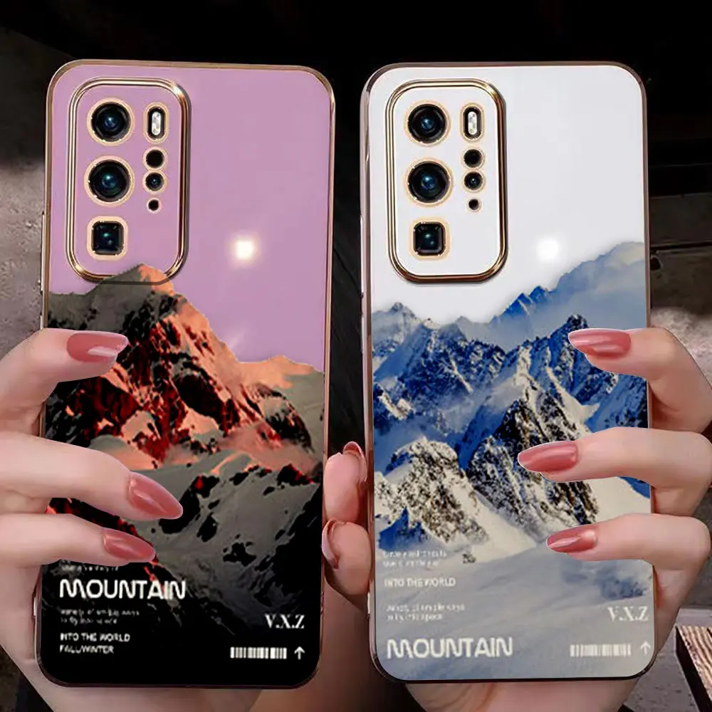 Cover Smooth E-TPU Phone Case Huawei MATE 20 20X 30 40 P20 P30 P40 LITE MAGIC 4 5 PRO Y9 PRIME Case Snow Mountain Sunset View