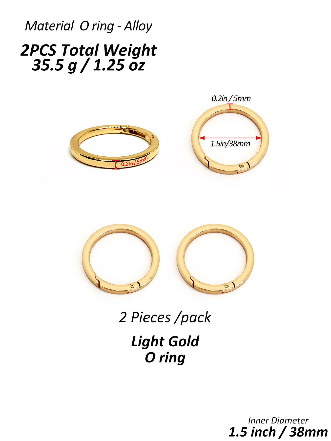 2 Stück dicker O-Ring für Geldbörsenriemen, Federringe, 1/1,25/1,5 Zoll Durchmesser, Handtaschen- und Schlüsselzubehörhalter, hellgold/silber – Detail 10