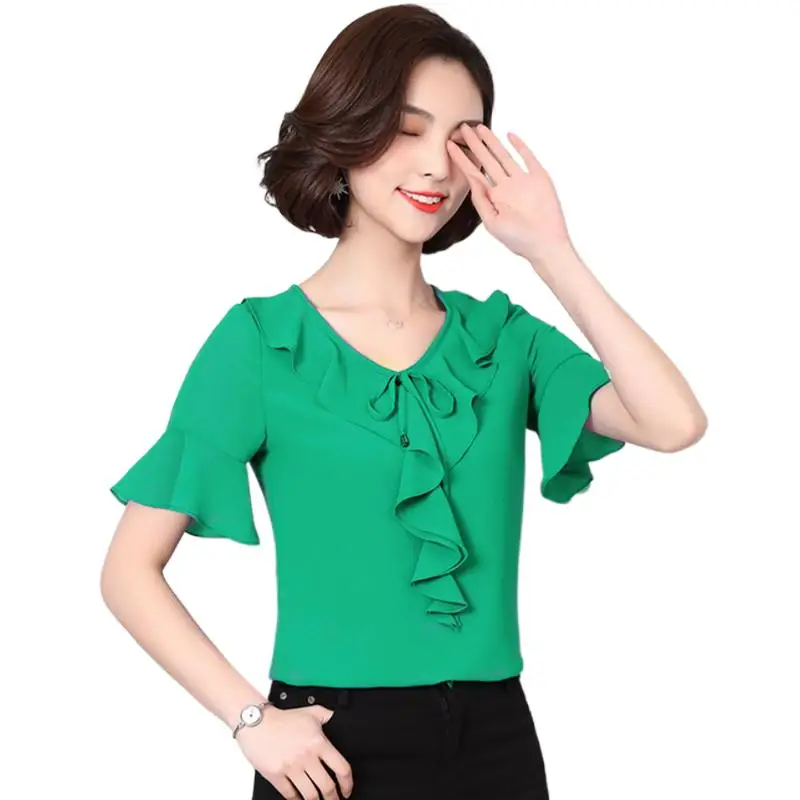 

New Summer Women Chiffon Tops Casual Loose V-neck Short Sleeves Solid 10 Colors blusa feminina blouses for women fashion 2024