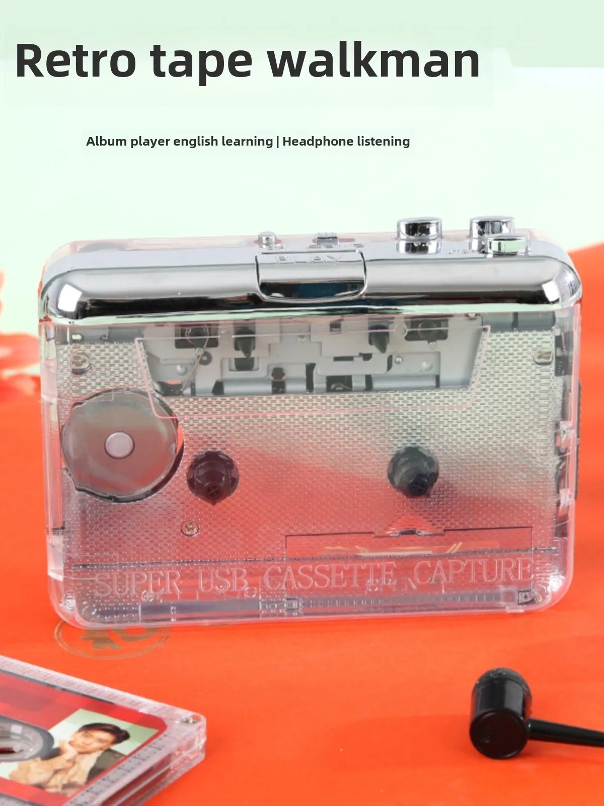 Classic Full Transparent Shell Tape Machine Retro Vintage Cassette Cassette Machine English Walkman Tape to MP3 Single Player