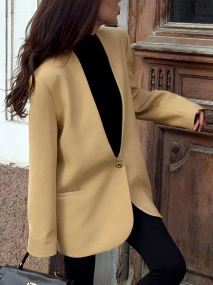 سترة أنيقة للركاب برقبة على شكل حرف v لعام 2025 معطف نسائي فضفاض وأكمام طويلة مرقع عالي الشارع للخريف بدلة نسائية #5