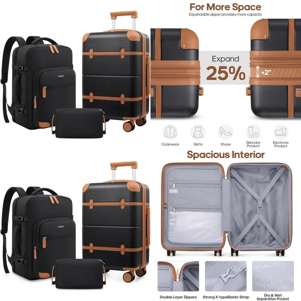 

Расширяемый набор чемоданов из 3 предметов из ПК с вращающимися колесами, 20 ручными чемоданами, замком TSA и дорожным рюкзаком для женщин