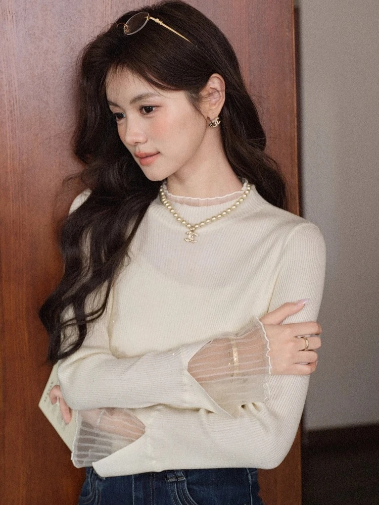 ALXNAN Plus Größe Off-white Gestrickte Pullover frauen Herbst Langarm Mesh Spleißen Pullover 2025, Elegante Casual Tops D57808