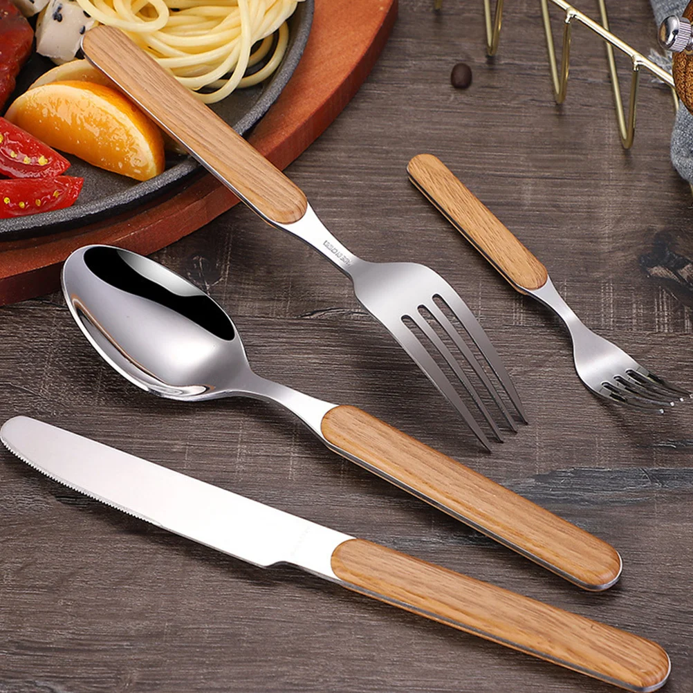 

4Pcs Retro Wood Grain Handle Stainless Steel Cutlery Set Spoon Fork Cutter Flatware Gift Set for Housewarming Festival