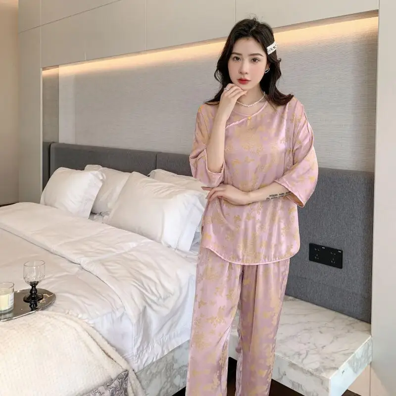 Vintage 2 Pcs Shirt&pant Chinese Style Pajamas Women Jacquard Elegant Home Wear Sleepwear Slanted Collar Casual Loose Nightwear