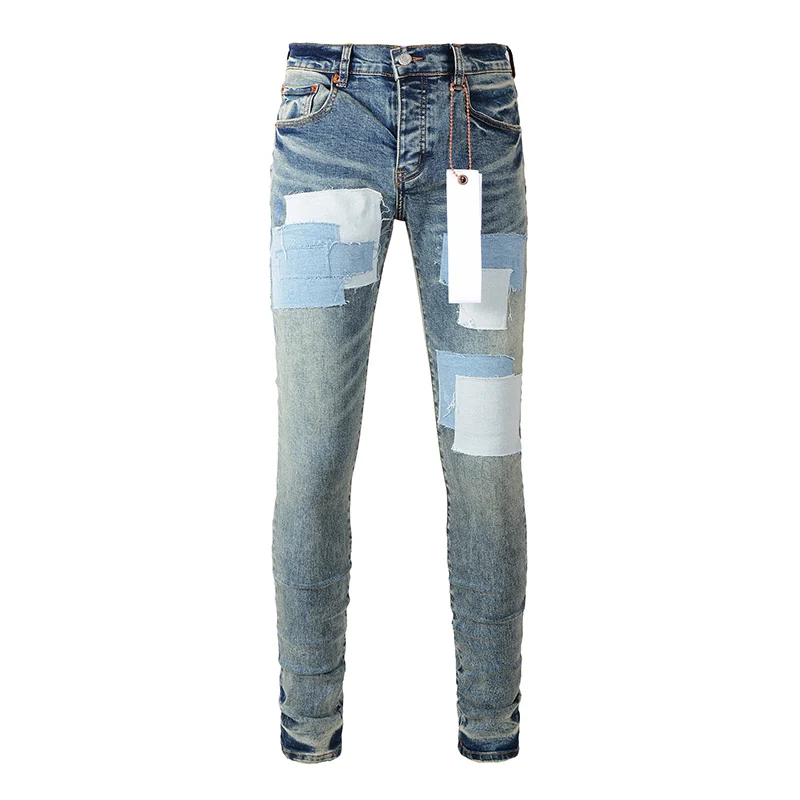 

American Streetwear Style Light Indigo Distressed Stretch Skinny Patchwork Purple Destroyed Holes Ripped Brand Jeans