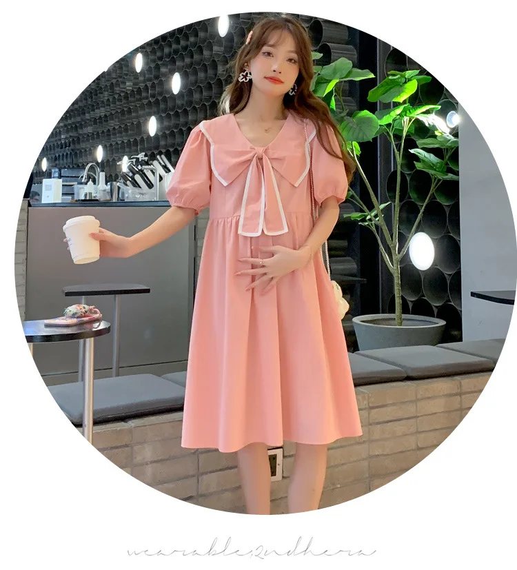 2024 Summer Maternity Dress Sweet Bow Big Lapel Clothes for Pregnant Women Fashion Short Sleeve A Line Loose Pregnancy Dresses