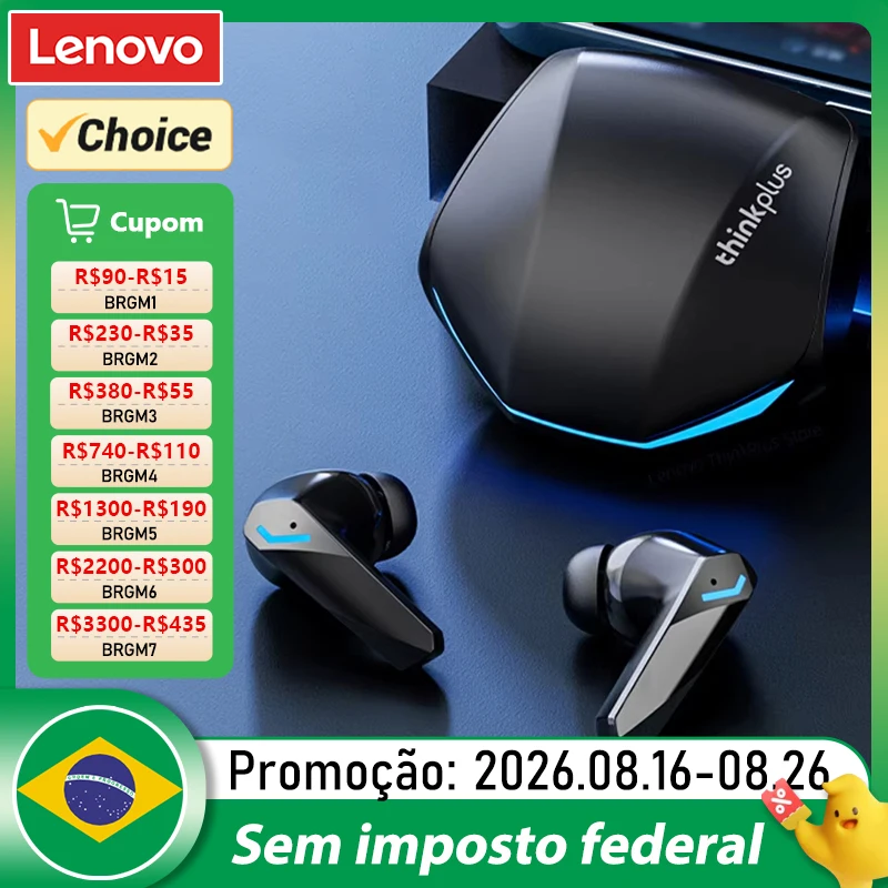 Fone de Ouvido Bluetooth 5.4 Lenovo GM2 Pro com Microfone, Fones de Ouvido Estéreo 9D Pro 6, Modos Duplos para Música e Jogos, Headset Sem Fio