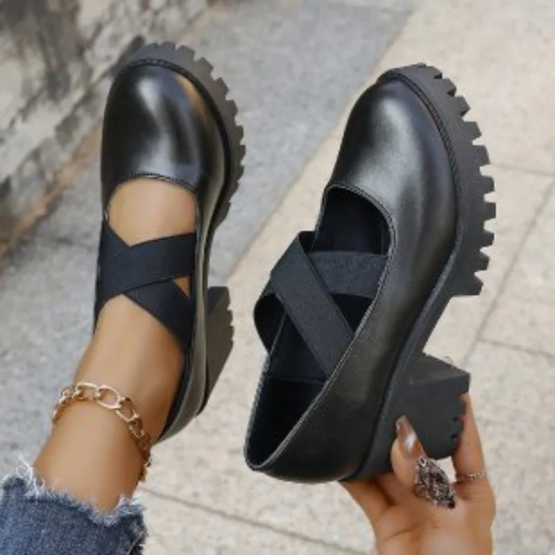 Retro Fashion Thick Bottom Black Leather Pumps Shoes Waterproof Platform Chunky High Heel Large Size Spring Women's Single Shoes