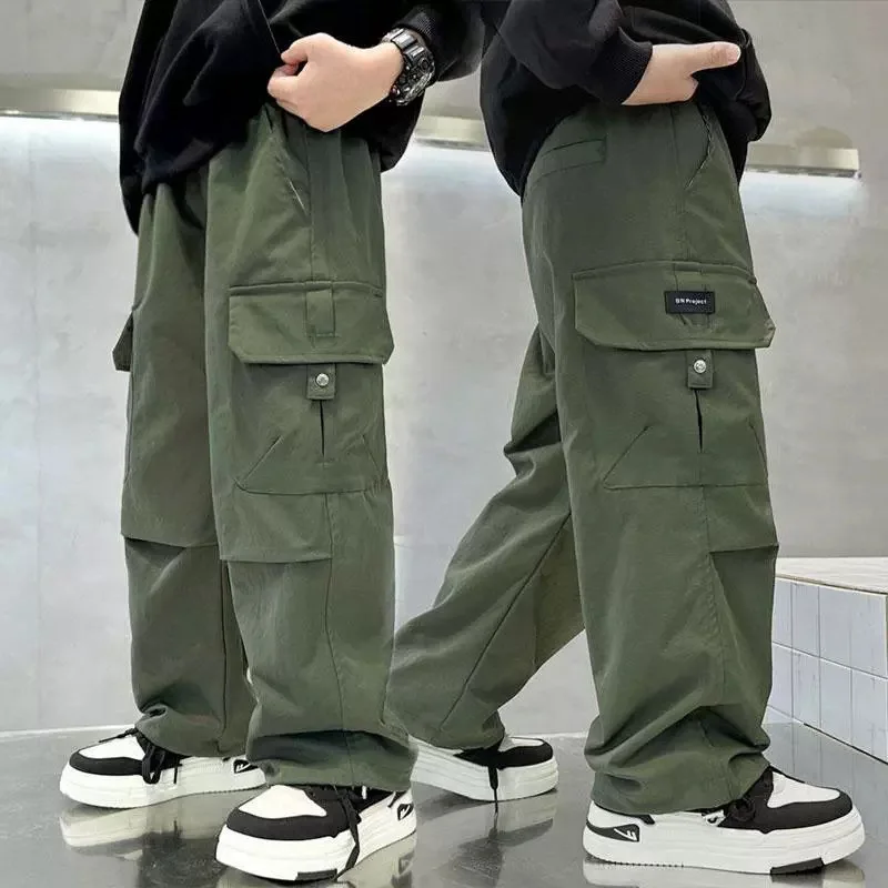 Teen Boys Cargo Pants Loose Casual Fashion Children Trousers Pockets Design Trendy Cool Streetwear Kids Pants 6 8 10 12 14 Year