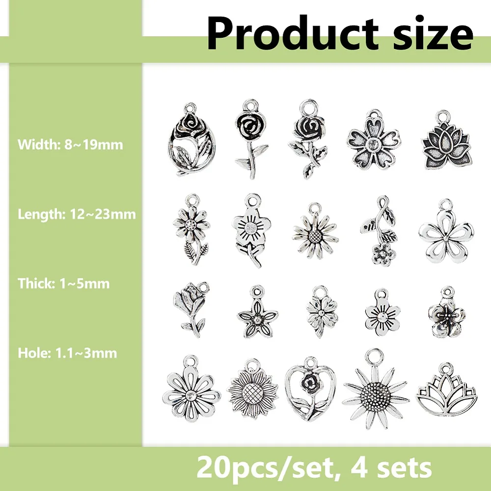 

4 Sets Style Alloy Pendants Sunflower Rose Lotus and Flower Series Pendant Set Silver 12~23x8~19x1~5mm