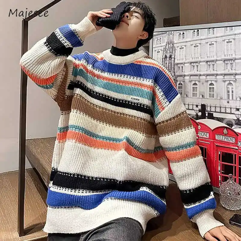 Baggy Striped Pullovers Men High Street Knitted Vintage Sweaters Handsome College Students Young Warm Couples Chic Sueter Hombre