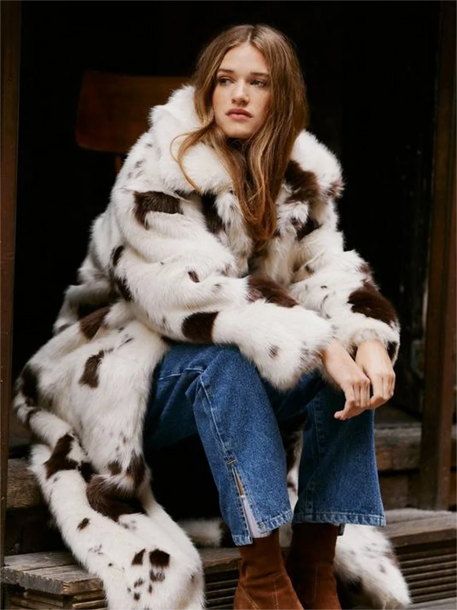 Hot New Faux Fur Coat Cow Pattern Thickened Comfortable Lapel Mid-Length Women\'s Faux Fox Fur Coat