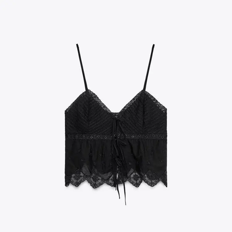 

JNLEAOG Summer New Women's Faion Design Embroidery Strap Top Lace Trim Slim Fit Polyester Fiber ort Length Color