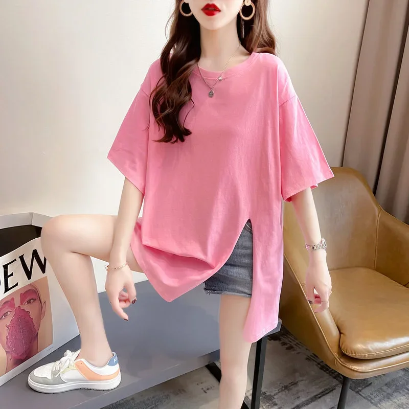 

Летняя свободная футболка DAYIFUN с круглым вырезом и коротким рукавом, женские хлопковые Асимметричные футболки с разрезом, однотонные футболки в стиле хип-хоп