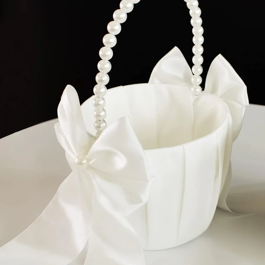 سلة أنيقة لفتاة الزهور مع مقبض لؤلؤي لحفلات الزفاف، إكسسوار ديكور مثالي لحفلات الزفاف، مثالي لـ H