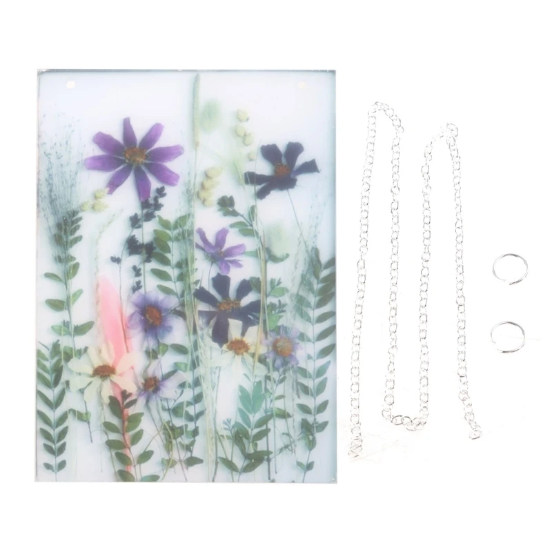 KX4B Acrylic Frame Pressed Flowers Hanging Picture Artificial Dried Plants Wall Pendant with Chain Kids Art Photo Display Decor