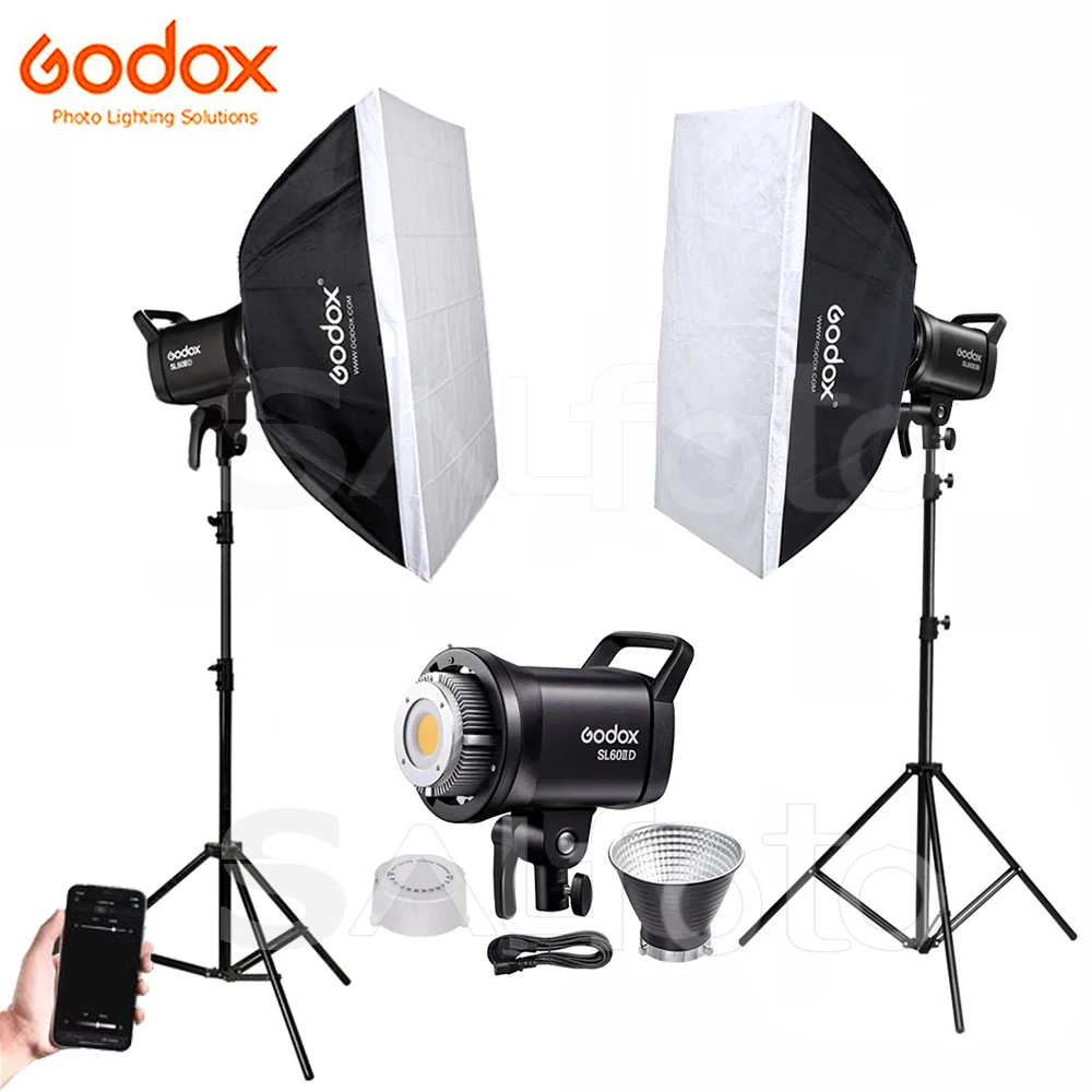 

Комплект из 2 светодиодных видеосветильников Godox SL60IIBi 2800-6500K/SL60IID 5600K COB + софтбокс 60x90см + стойка 2.8м с управлением через приложение, комплект постоянного освещения