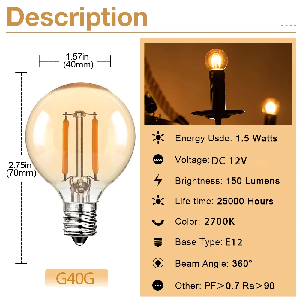 E12 Low Voltage Bulb DC 12V LED Edison Light Lamp 1.5W Warm White 2700K Globe Amber Filament Bulbs for RV Solar String Lights