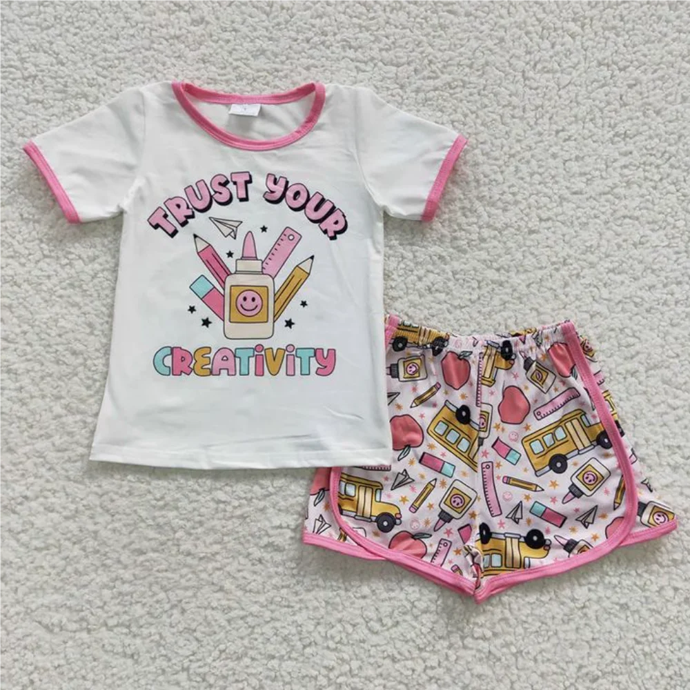 Baby clothing back to school Sibling Baby Girls Back-to-School Outfit Set with Top And Shorts Perfect for Kindergarten