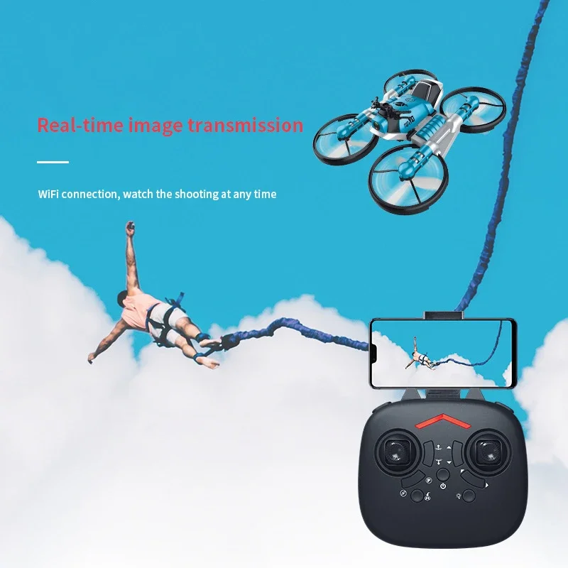 Motocicleta Dobrável Quadcopter, 2 em 1, 2.4G, WiFi FPV Drone com Câmera, Helicóptero RC