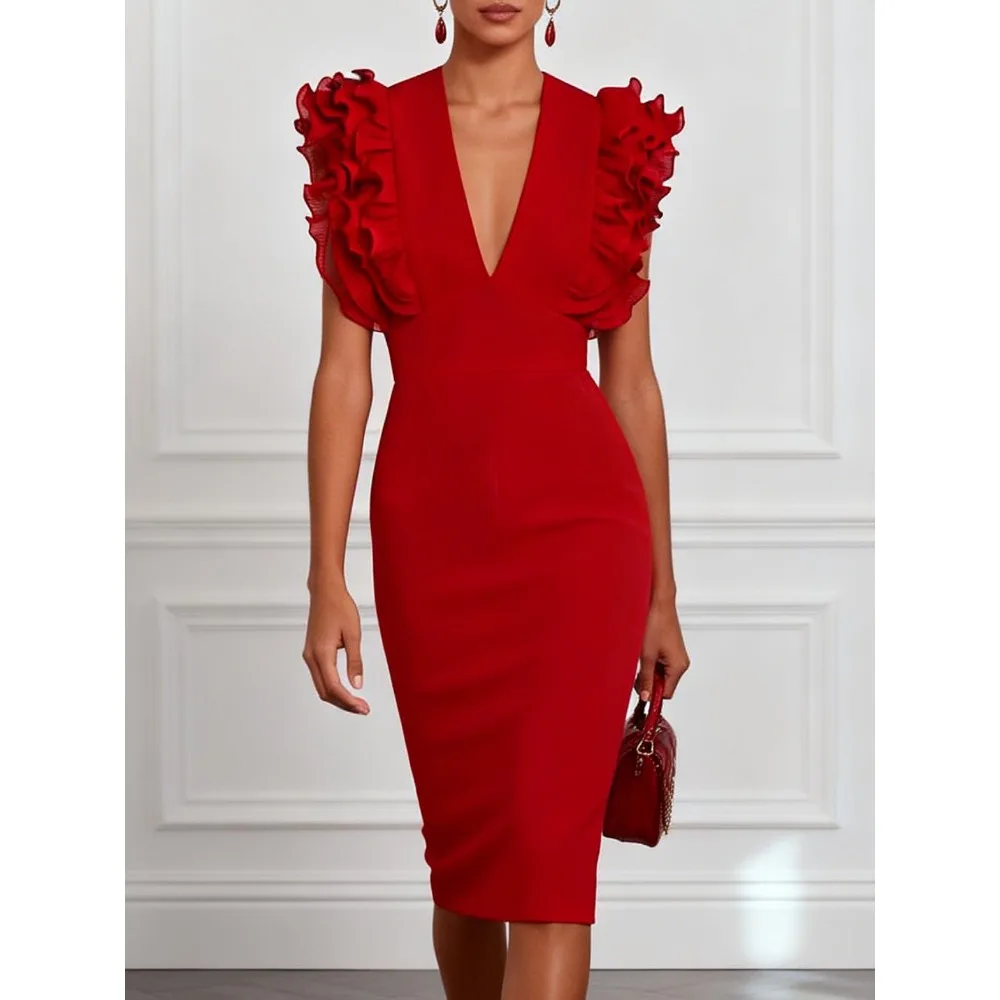 

Customized Ruffle Sleeves Mother of Birde Dresses 2026 for Women Wedding Sheath Elegant Evening Dress V Neck Red Prom Gowns