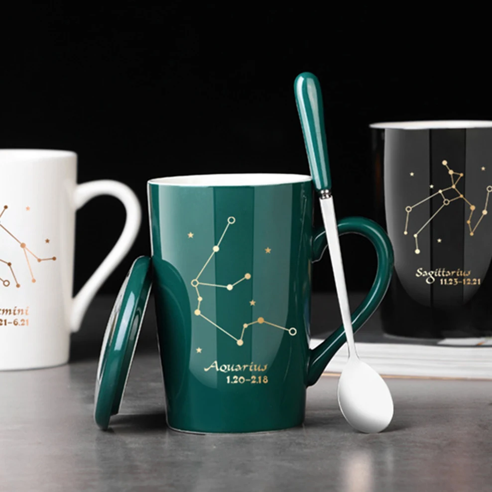 Constellation coffee mug, Office ceramics tea cup gift box with lid spoon, Creative 12-Constellation water cup for gift, 380ml