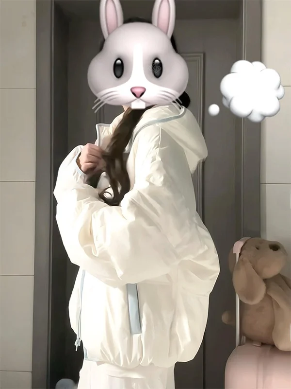 

Retro Japanese Style Warm Blue White Color Block Hooded Cotton Jacket Loose Fit Zipper Bread Coat Female Spring Autumn Winter