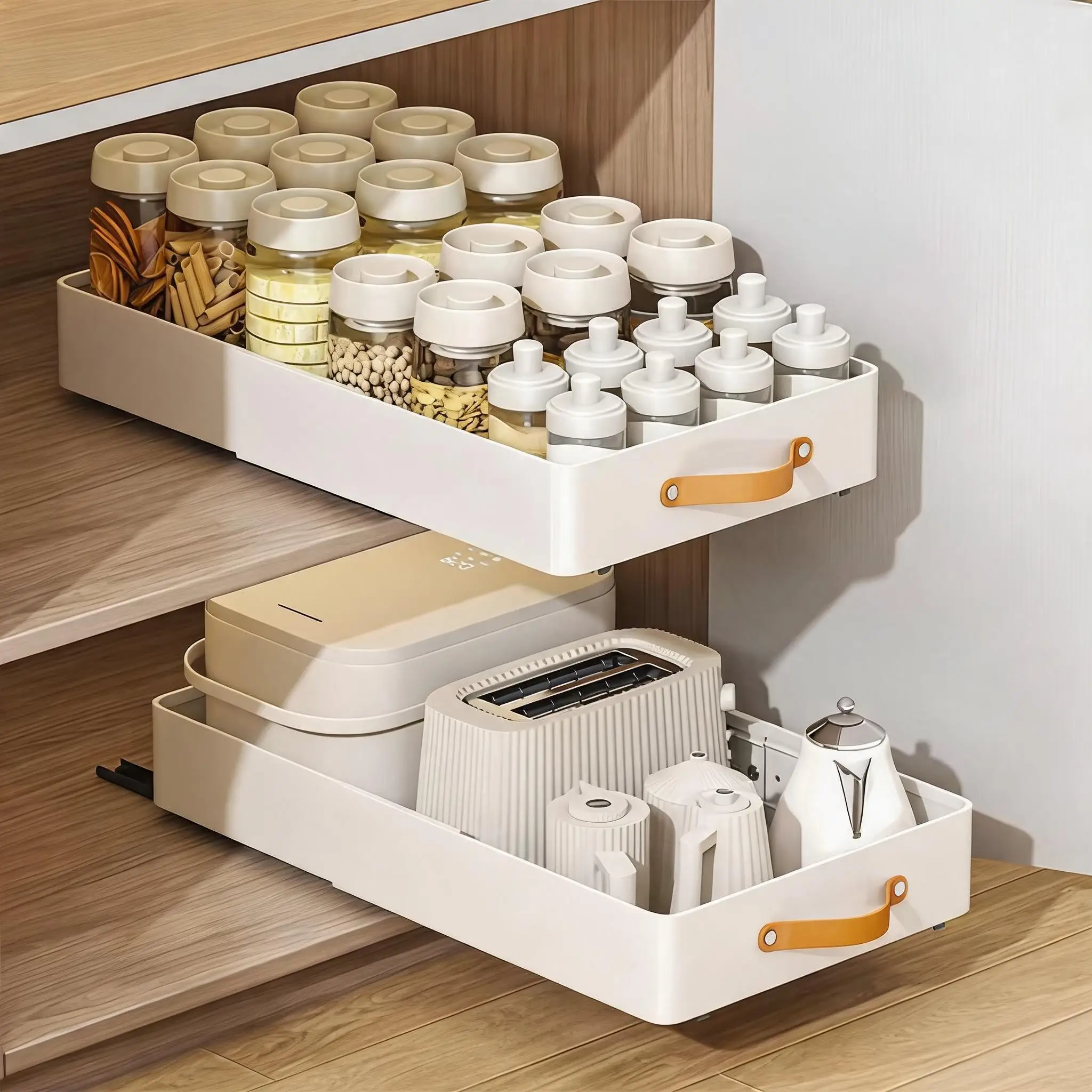 Organizzatore per mobili a scomparsa, larghezza 25-40 cm, fissato con guide a smorzamento, ripiani estraibili per cassetti, ideale per mobili da cucina, cassetti scorrevoli resistenti, ripiani