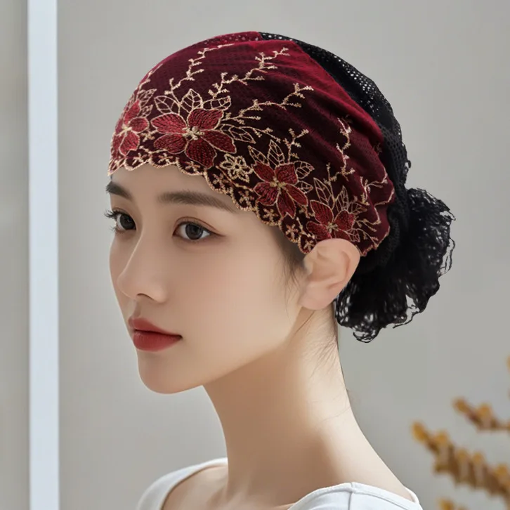 

Lace Flower Embroidery Headscarf Beaded Hat Fashion Bonnet Underscarf Women Muslim Inner Hijab Turban Hair Loss Chemo Cap Beanie