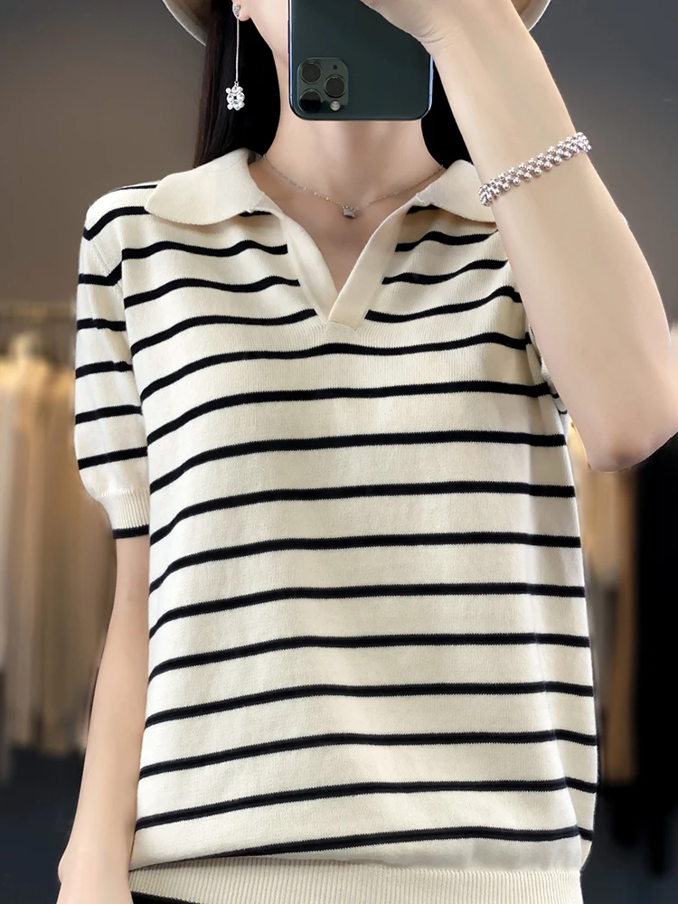 

Summer 100% Cotton T-shirt Women Clothing Korean Style POLO-neck Short Sleeve T-shirts Woman Striped Casual Basic Shirt Lady Top