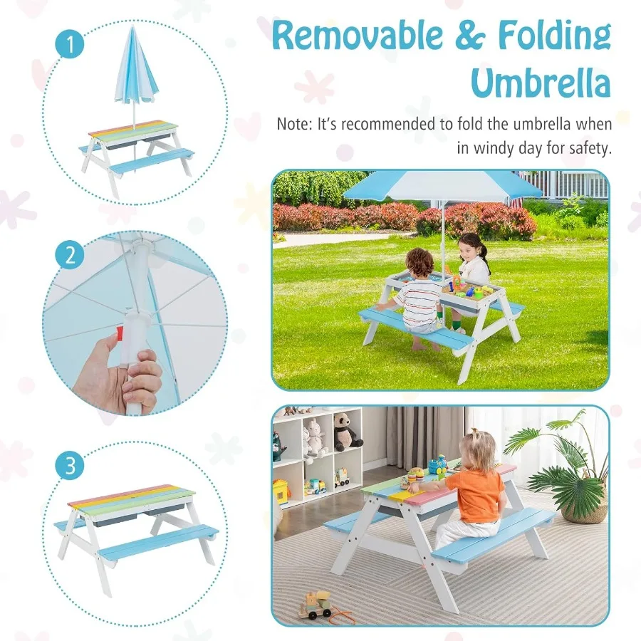 Mesa de picnic Mesa de picnic para niños pequeños 3 en 1 con paraguas de altura ajustable Mesa para exteriores con mesa desmontable y juego extraíble B