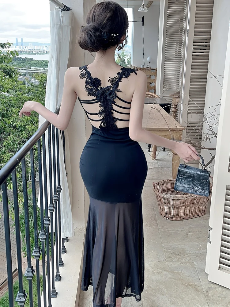 2025 noir Patchwork maille pure Sexy longue robe d'été élégant Chic dentelle fronde robe femmes coréen Vintage luxe robes de soirée