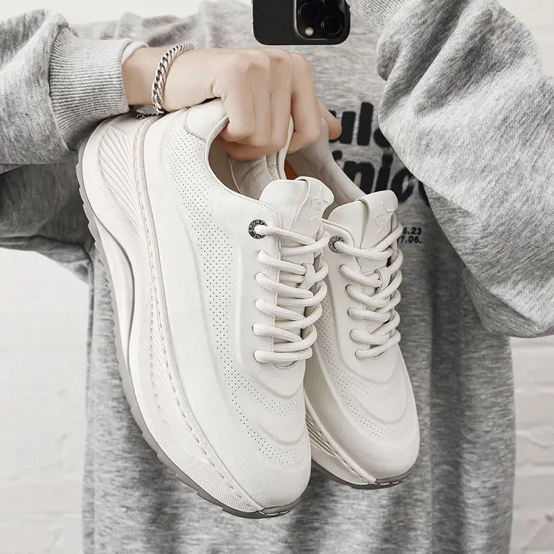 Men Korean Fashion Chunky Platform Dad Shoes Hidden Height Increase White Running Sport Casual Sneakers